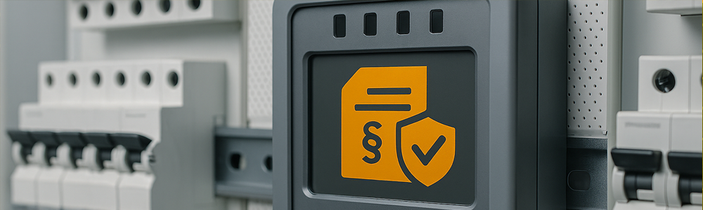 Stilisierter Zählerschrank mit Zählerdisplay und Paragraphensymbol – Symbolbild für Impressum